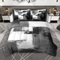 Manfei Modern Abstract Ombre 7-Piece Bedding Comforter Set, Black Grey Rectangle Square King Bedding Sets, Teens Kids Adult Reversible Bed Sheets, Luxury Bedroom Decor