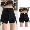thumbnail image 4 of Pantalones cortos de mezclilla de moda de cintura alta ajustados con cordón lateral para mujer pantalones cortos casuales para primavera verano negro L, 4 of 8