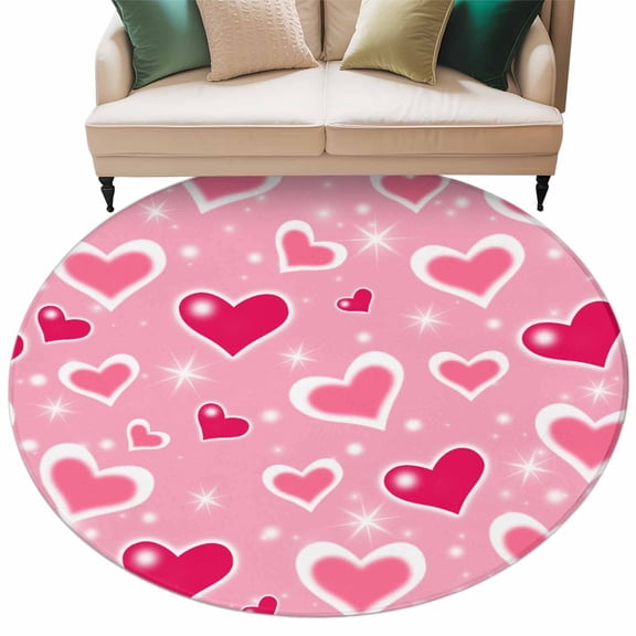 Valentine's Day Washable Round Area Rug 8 ft, Pink and White Shining Love Heart, Soft Non Slip Rugs Stain Repellent Indoor Felt Carpet for Living Dining Room Bedroom Home Office