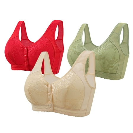 REORIAFEE No Underwire Bras for Women 3 Pack Front Closure No Wire Gathered Together Bras Lace embroidery Brassiere Breathable Wide Strap Comfy Corset Underwear Classic Lingerie Red 46/105