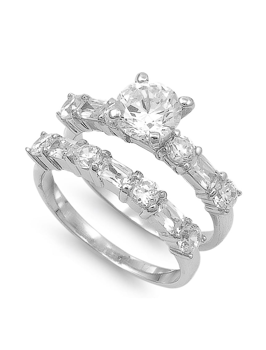 Round Center with Baguette & Round Stones Cubic Zirconia Wedding Set