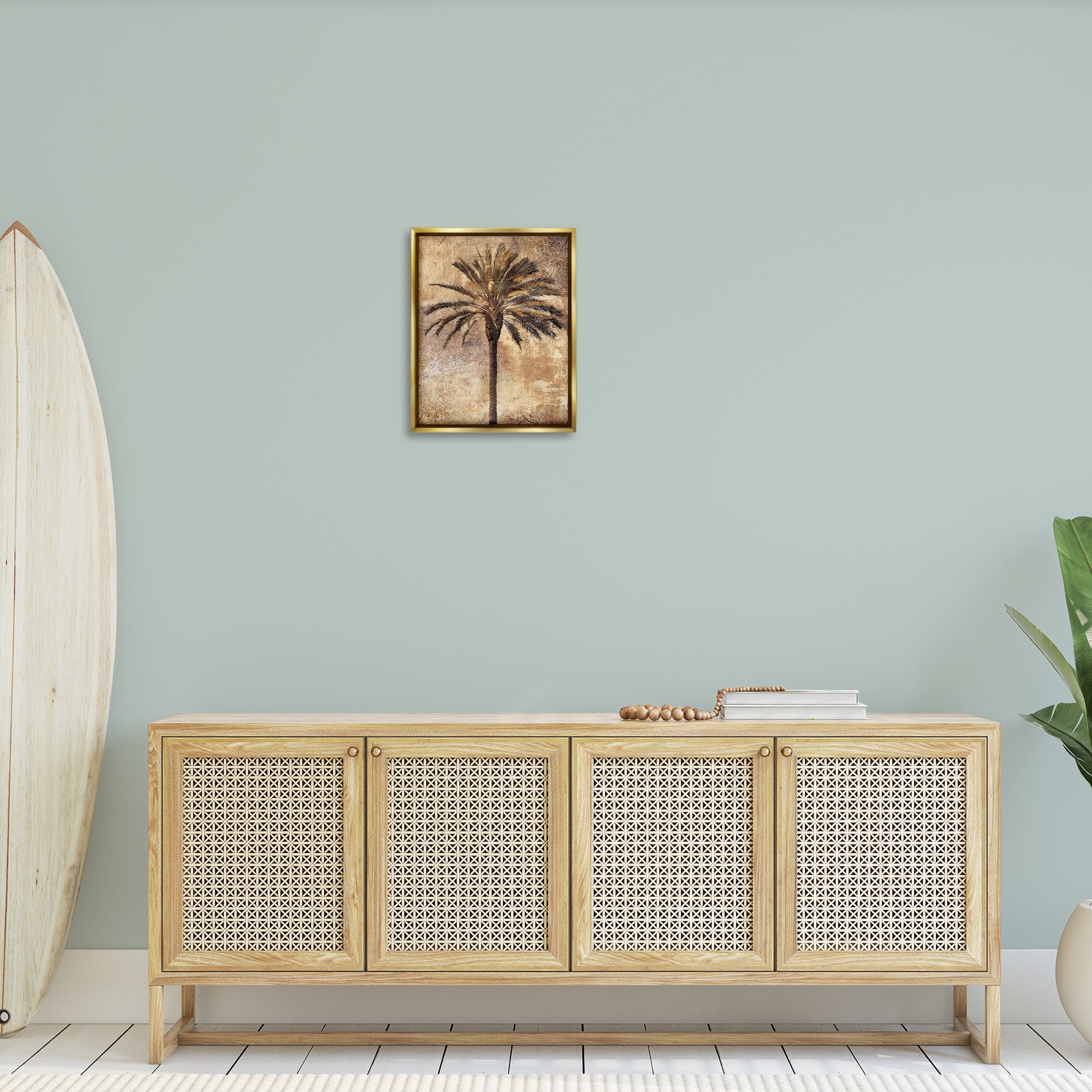 Stupell Industries Distressed Palm Tree Plants & Flowers Painting Gold Floater Framed Canvas Art Print Wall Art, 17 x 21