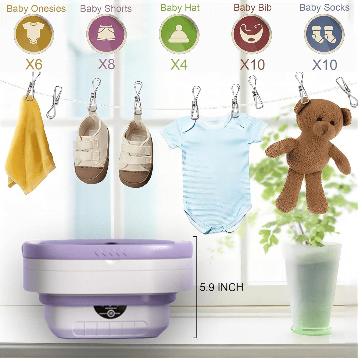 Mini Folding Washing Machine Portable For Clothes With Dryer Bucket Travel Wash 12L (Purple)