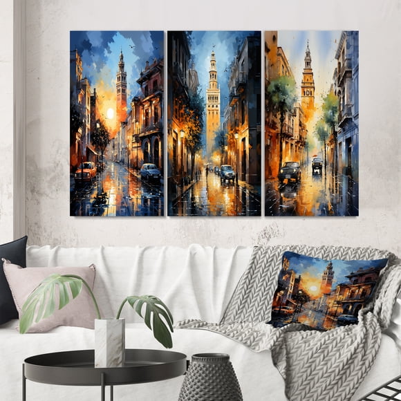 Designart "Iconic Giralda of Séville, Espagne III" Ensemble d'Art Mural de 3 - Ensemble de Galerie d'Espagne Jaune pour Décoration de Bureau