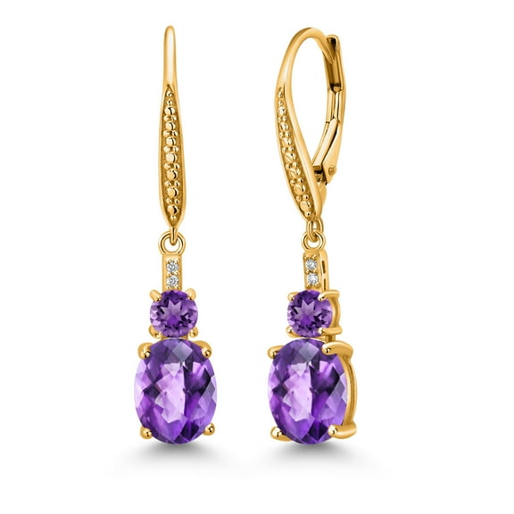 Gem Stone King 18K Yellow Gold Plated Silver Purple Amethyst and White Lab Grown Diamond Dangle Earrings for Women (3.53 Cttw, Oval Checkerboard 9X7MM)