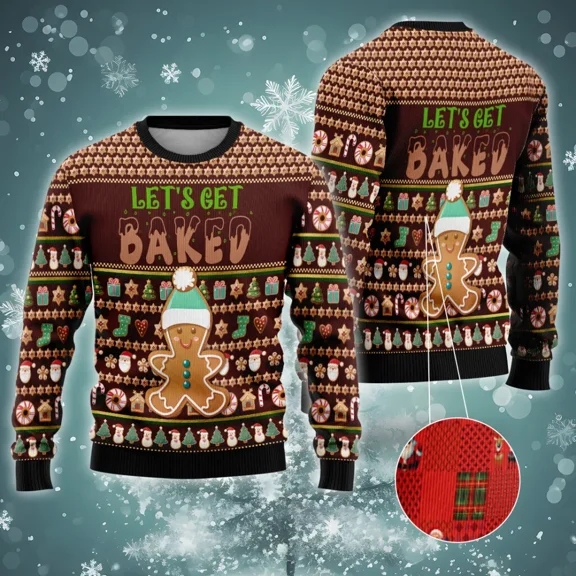 Let’s Get Baked Cookie Ugly Christmas Sweater For Men Women, Xmas Gingerbread All Over Printed Ugly Sweater, Holiday Crewneck Unisex Pullover Sweater
