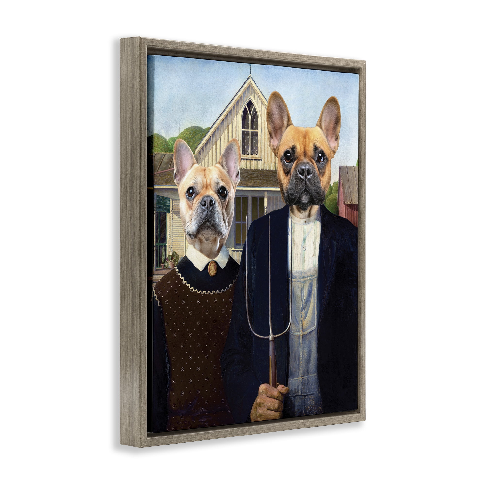 Stupell Industries French Bulldogs Iconic Farmers Brown Framed Floater Canvas Wall Art, design by Grotto Studios