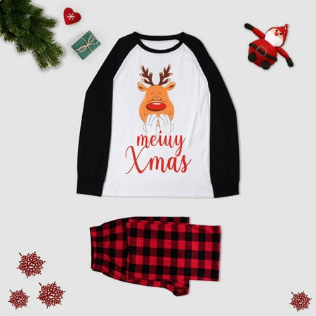 

ERTUTUYI Matching Family Pajamas Sets Christmas Smile Print Top And Plaid Pants Sleepwear For Mom Black M
