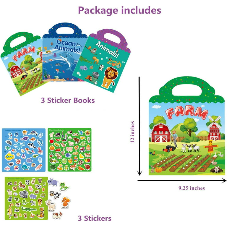 3 Set Reusable Sticker Books for Kids,Travel Removable Books for 2 3 4 5  Year Old Girls Boys 