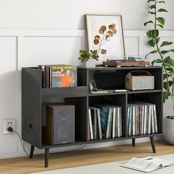 LUCKYELF Record Player Stand with Storage, Record Storage Cabinet, Wood Turntable Stand for Living Room Bedroom, Black