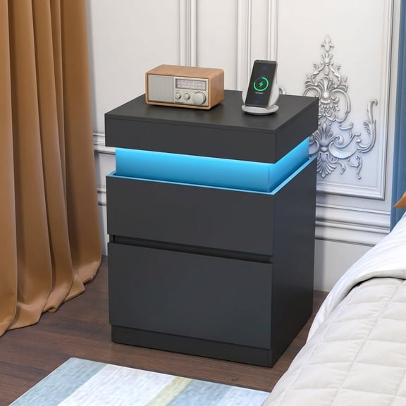 LEDREM Nightstand with Power Outlets & LED Lights, Modern Bedside Table with 2 Drawers and Sliding Lid, Charging Station for Bedroom, Ink Black