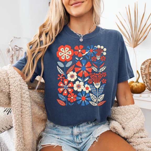 Boho Floral 4th Of July Shirt, America Tee, Memorial Day, Preppy Patriotic Floral Shirt, Fourth Of July, Girly USA Shirt