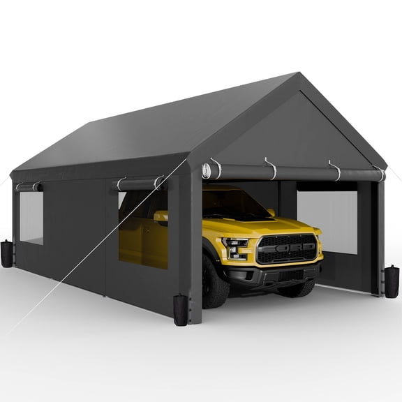 Walsunny Carport with 4 Sandbags 10x20 ft Heavy Duty Canopy with Roll-up Windows Portable Garage with Removable Sidewalls & Doors Car Canopy Gray
