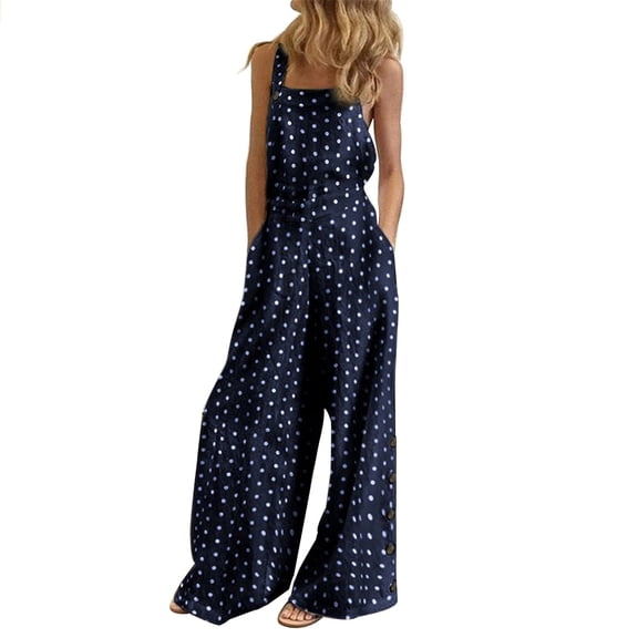 LEKODE Women Polka Dot Bib Overalls Jumpsuit, Adjustable Strap Wide Leg Romper with Side Buttons and Pockets for Daily Outdoor Outfit Travel Outfits for Women Navy M