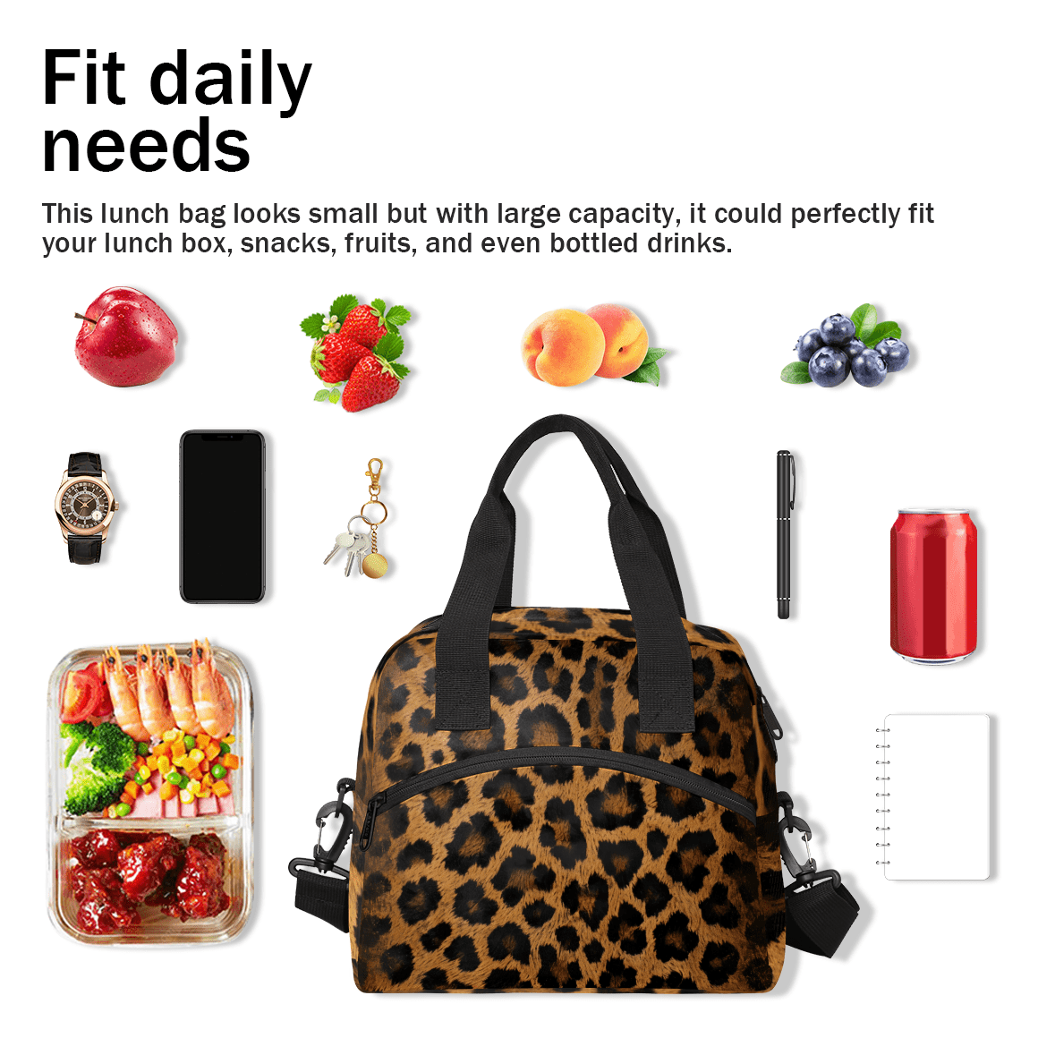 Herdesigns Leopard Print Insulated Lunch Bag for Women Men Adults Large Reusable Lunch Box Wild Safari Skin Pattern Leakproof Cooler Tote Bags with Adjustable Shoulder Strap