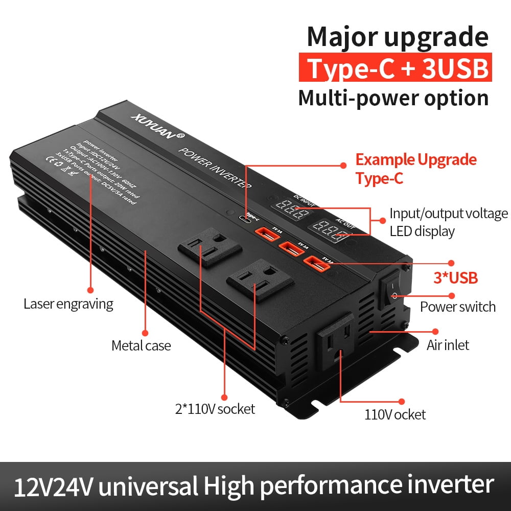 JahyElec 2000W Pure Sine Wave Power Inverter Universal DC 12V/24V to AC 110V 2-in-1 with LED Display 1Type-C 3 USB Ports