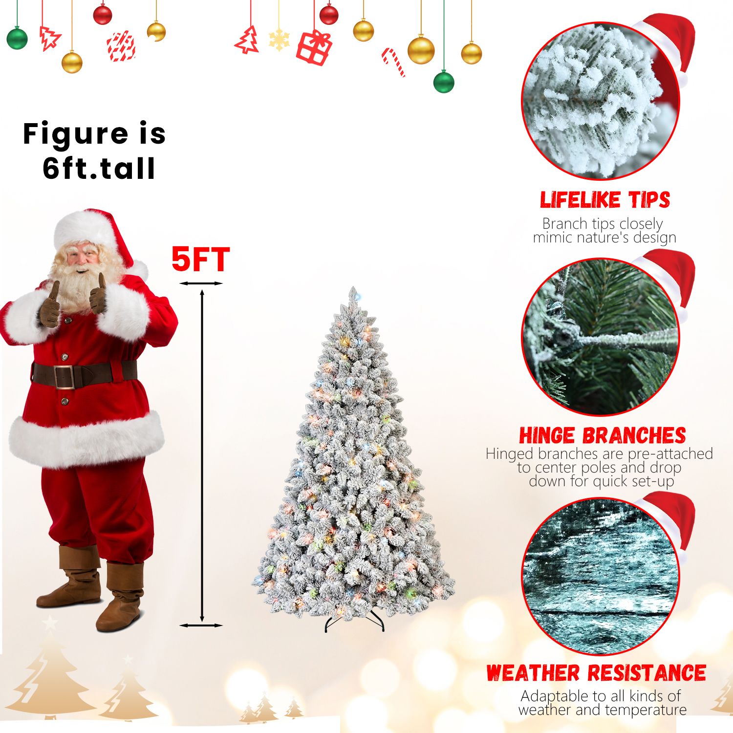 Alvantor 5FT Flocked Christmas Tree with 300 Colorful Lights & 27 Pine Cones & 600 Tips for Indoor Holiday Decoration White