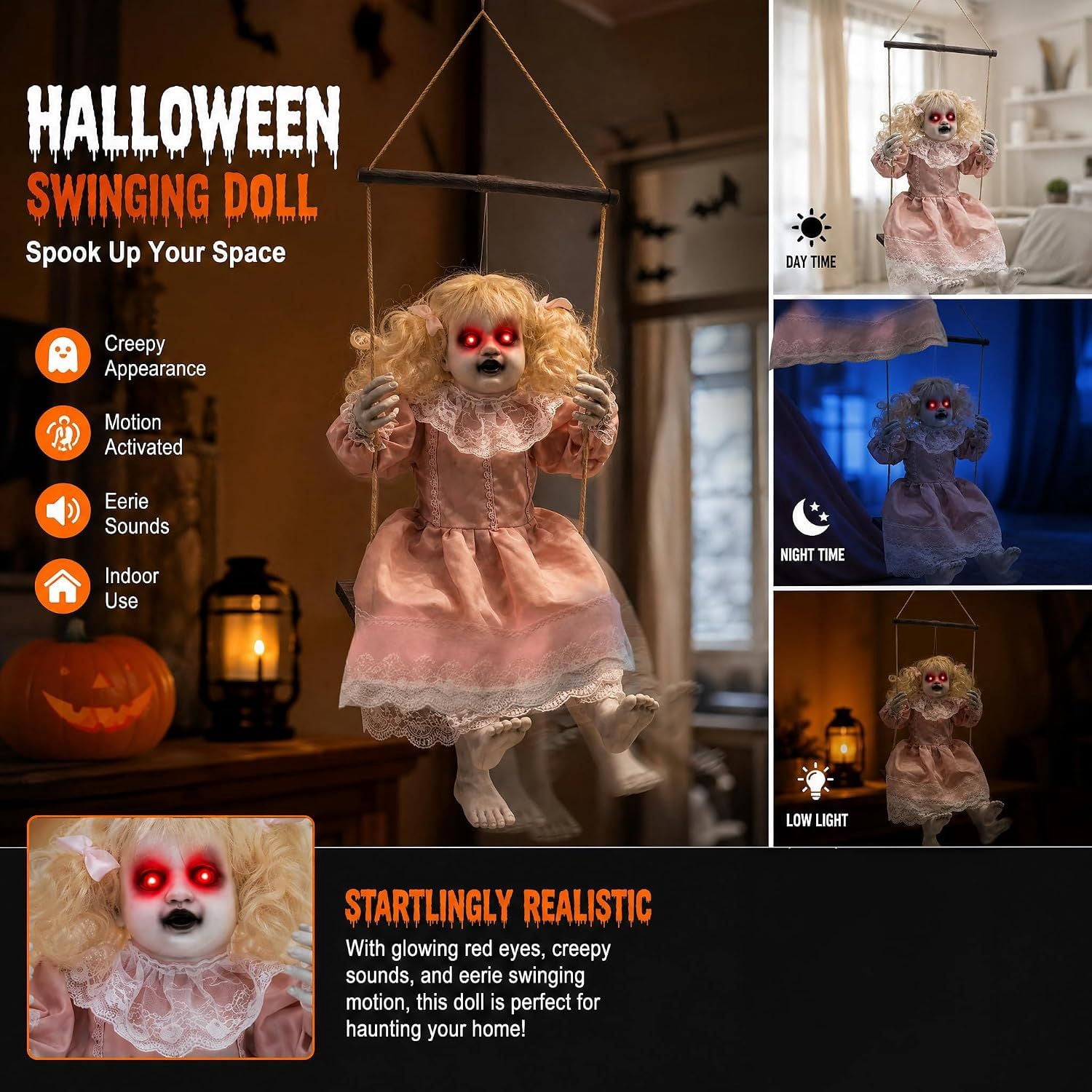 Halloween Animatronic Hanging Swinging Doll with Lighted Eyes and Creepy Sounds, Sound Activated Haunted House Prop for Indoor and Outdoor Decor
