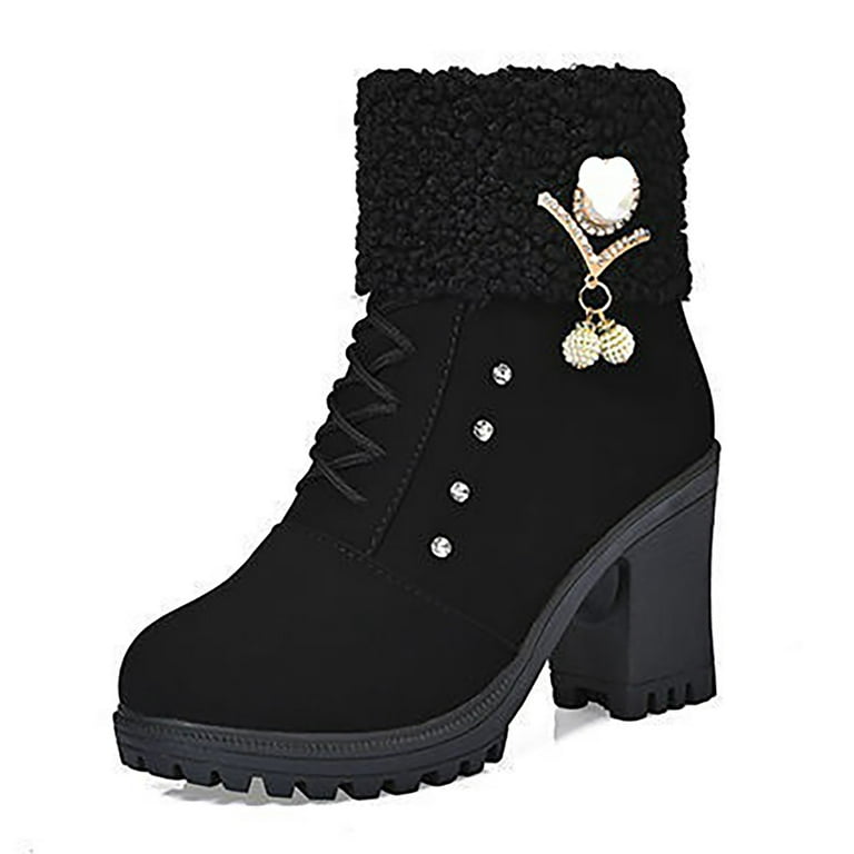 Black Pu Round Diamante Buckle Chunky Ankle Boots