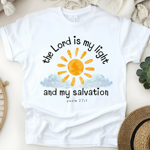 The Lord Is My Light T-Shirt – Psalm 27:1 Christian Sun and Cloud Tee, White, Size S