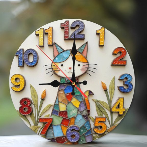 Colorful Stained Glass Cat Wall Clock Decor 10-Inch Silent Wooden Wall Clock, Battery Operated (AA Batteries Not Included), Artistic Home Decor
