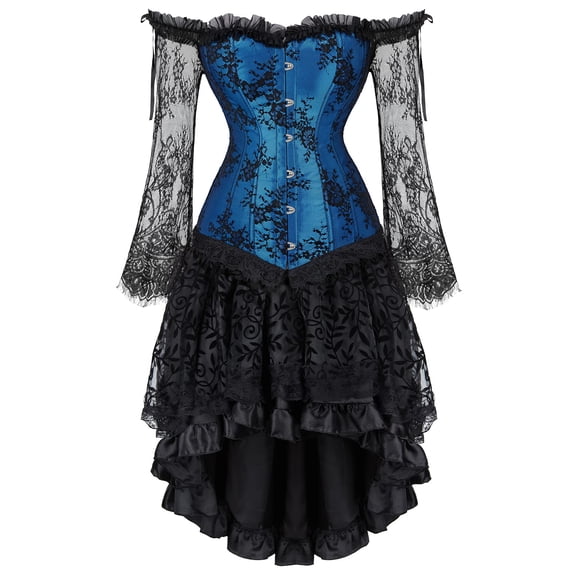 Grebrafan Steampunk Off Shoulder Lace Corsets with Tutu Skirt 2XL Blue
