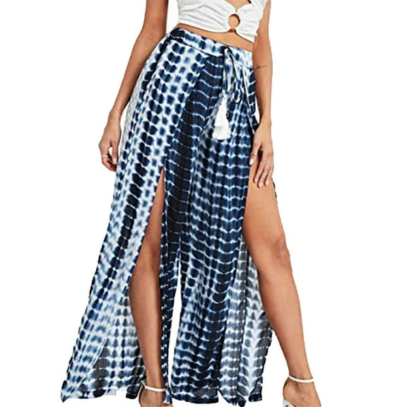 Ayfxijin Wide Leg Pants Woman,Women's Casual Tassel Lace Up Printed Split Wide Leg Pants