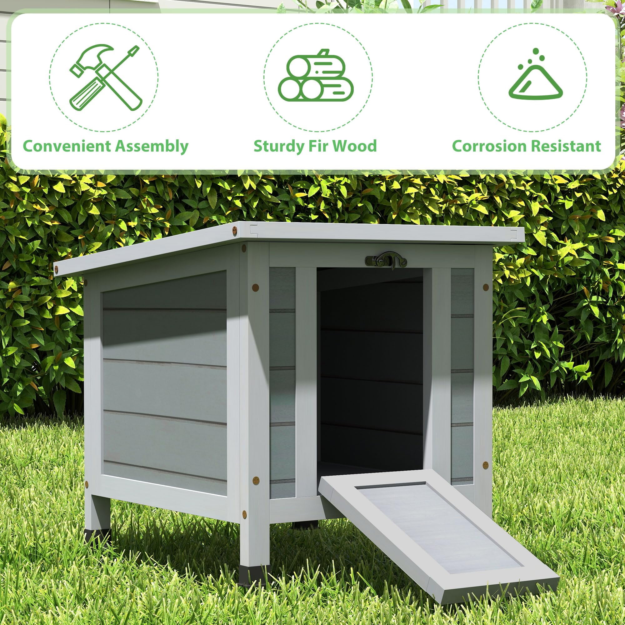 Rabbit hutch, outdoor cat house, weatherproof indoor rabbit hutch with opening door, portable small animal shelter with non-slip ramp