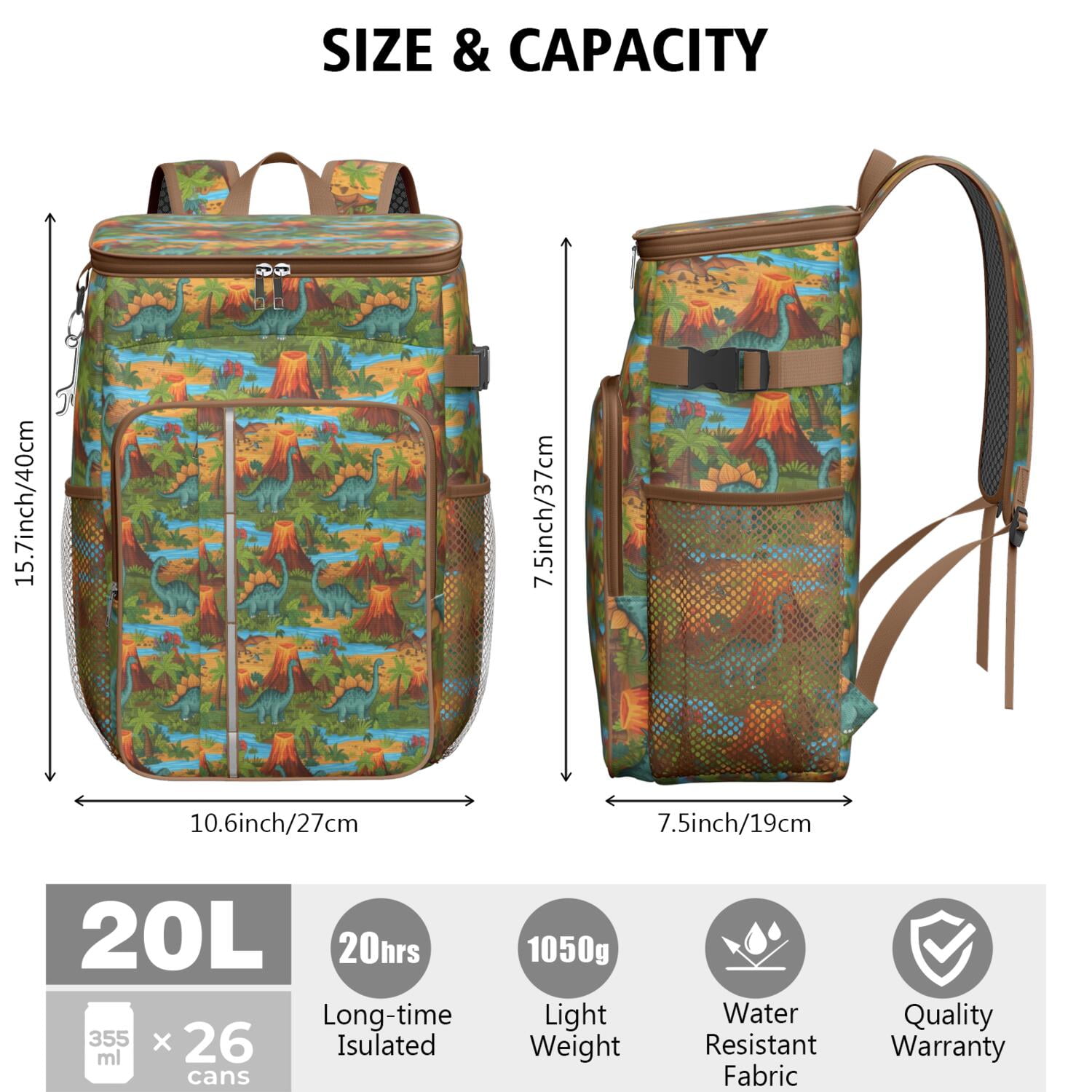Travel Cooler Bag - Colorful Dinosaurs River Volcanoes Pattern Camping Beer Cooler Backpack with Bottle Opener- Waterproof Insulated Picnic Backpacks - Cooler Bag for Beach