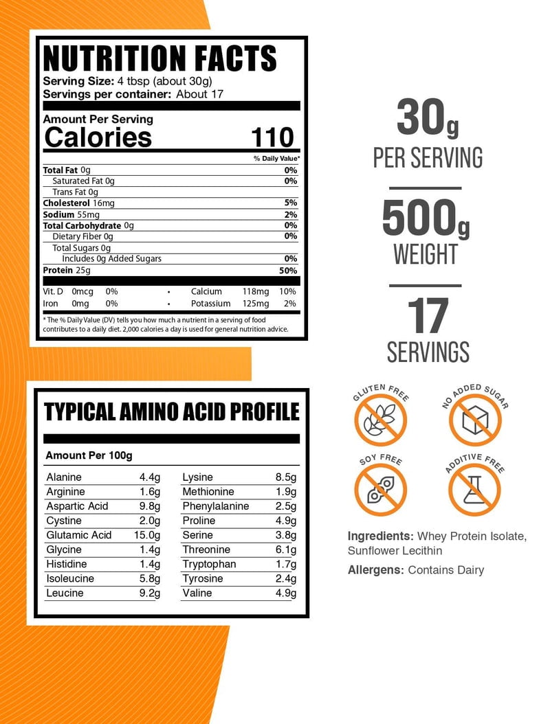 BulkSupplements Whey Protein Isolate Powder - 90%, Whey Protein Supplement, with BCAAs - Unflavored, 500g (1.1 lbs)