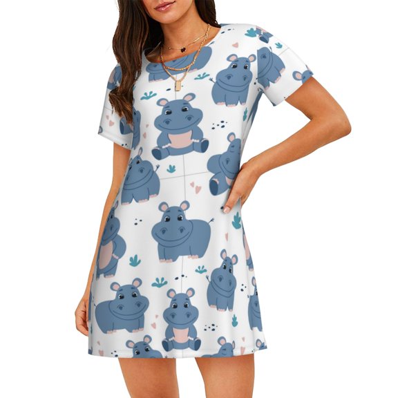 Ratiio Cute Hippos Print Women's Short-sleeved Nightdress - Casual A-line Sleeveless Sleepwear Dress for Summer, Comfortable and Breathable