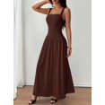 thumbnail image 5 of Petite Womens Coffee Brown Solid Square Neck Flared Maxi Dress For Spring Summer, 5 of 7