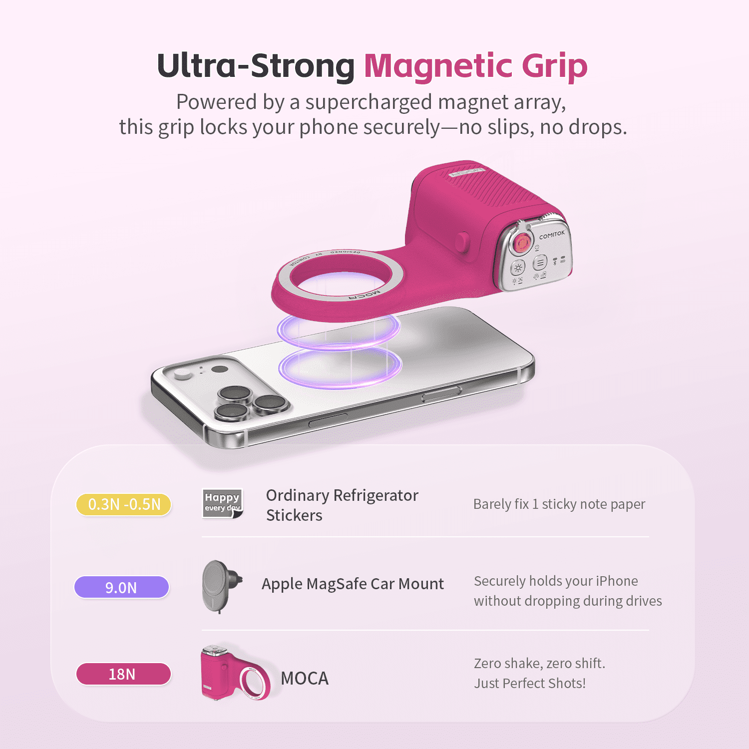COMITOK MOCA Ergonomic Selfie Stick Detachable Remote Control Magnetic Selfie Stick for iPhone 17 Perfect for Vlogging TikTok-1/4" Screw Mount Fuchsia