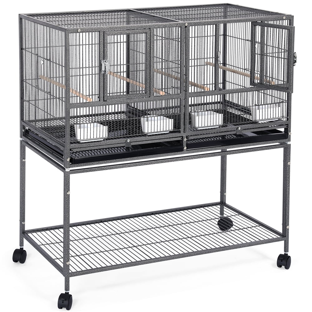 Alden Design Stackable Wide Divided Metal Bird Breeder Cage with Rolling Stand, Black