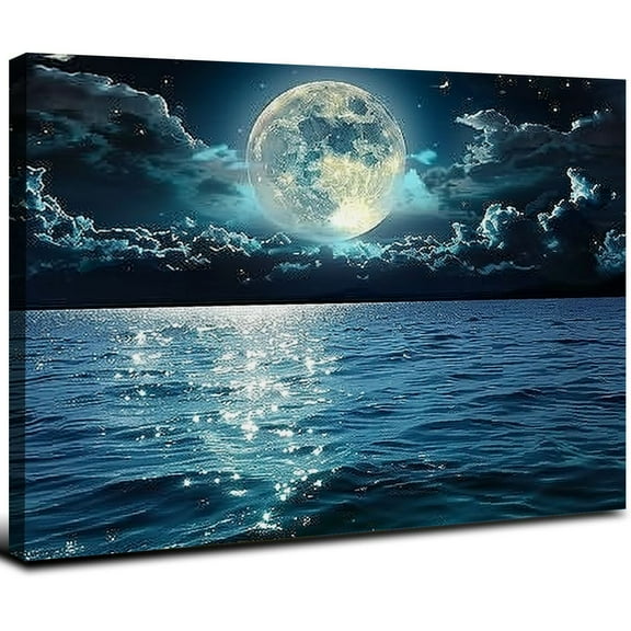 Acheng Full Moon Picture Canvas Prints Ocean Moon Wall Art for Home Bedroom Decoration Ready to Hang Framed Version Artwork For Living Room Bathroom Decor 20x16inch