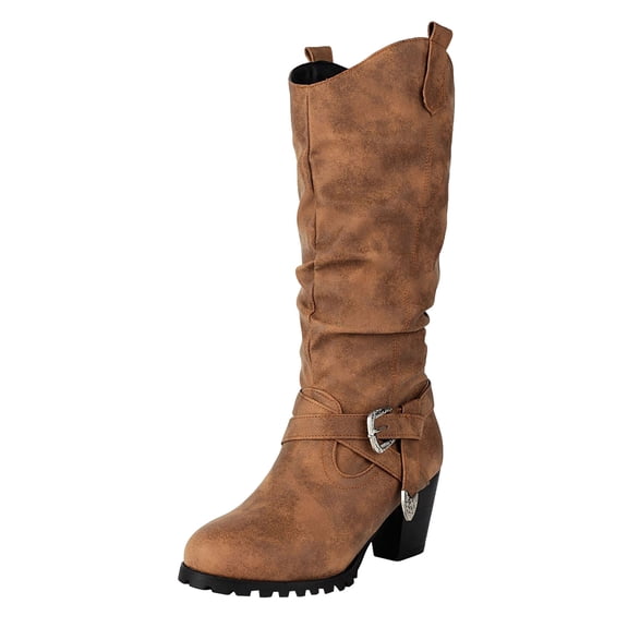 Slouchy Cowboy Boots for Women Wide Calf Fashion Buckle Slip On Western Cowgirl Booties Chunky Heel Riding Boots Brown 6