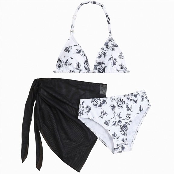 BOBOGOJP Women's 3 Piece Polka Dots Floral Bikini Set with Wrap Coverup Halter Triangle Swimsuits (Black, 11-12 Years)