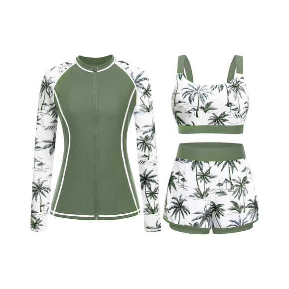 Traje de baño Daci de 3 piezas con protección solar y estampado de palmeras, talla L