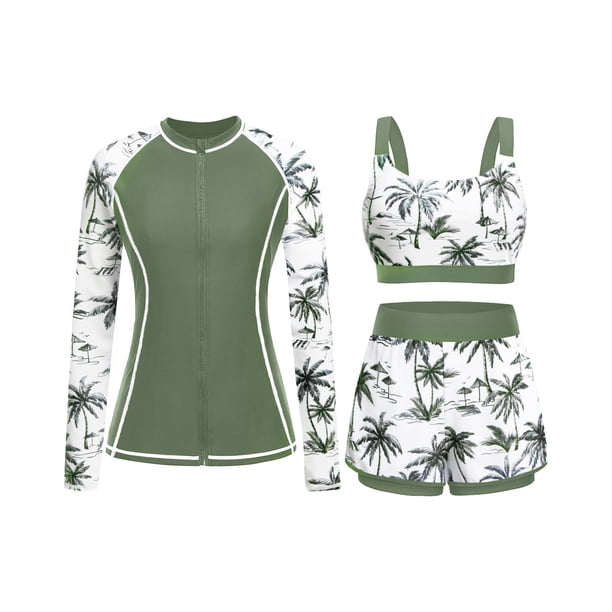 Traje de baño Daci de 3 piezas con protección solar y estampado de palmeras, talla L