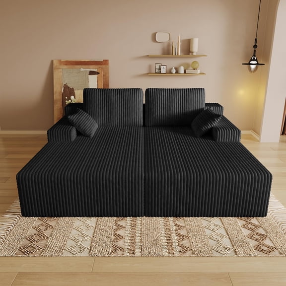 Cloud Couch Double Chaise Lounge Chair, Upholstered Deep Seat Corduroy Sofa for Living Room, Modern Lounge Chair for Bedroom & Apartment, Black