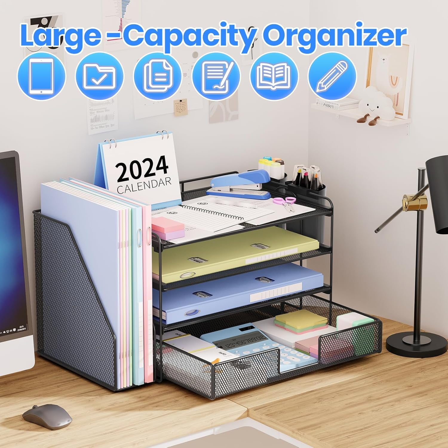 Desk Organizer and Accessories, 4-Tier Desktop File Organizer with Drawer and 2 Pen Holders, Office Desk Accessories, Workspace Organizers for Office Supplies(Black)