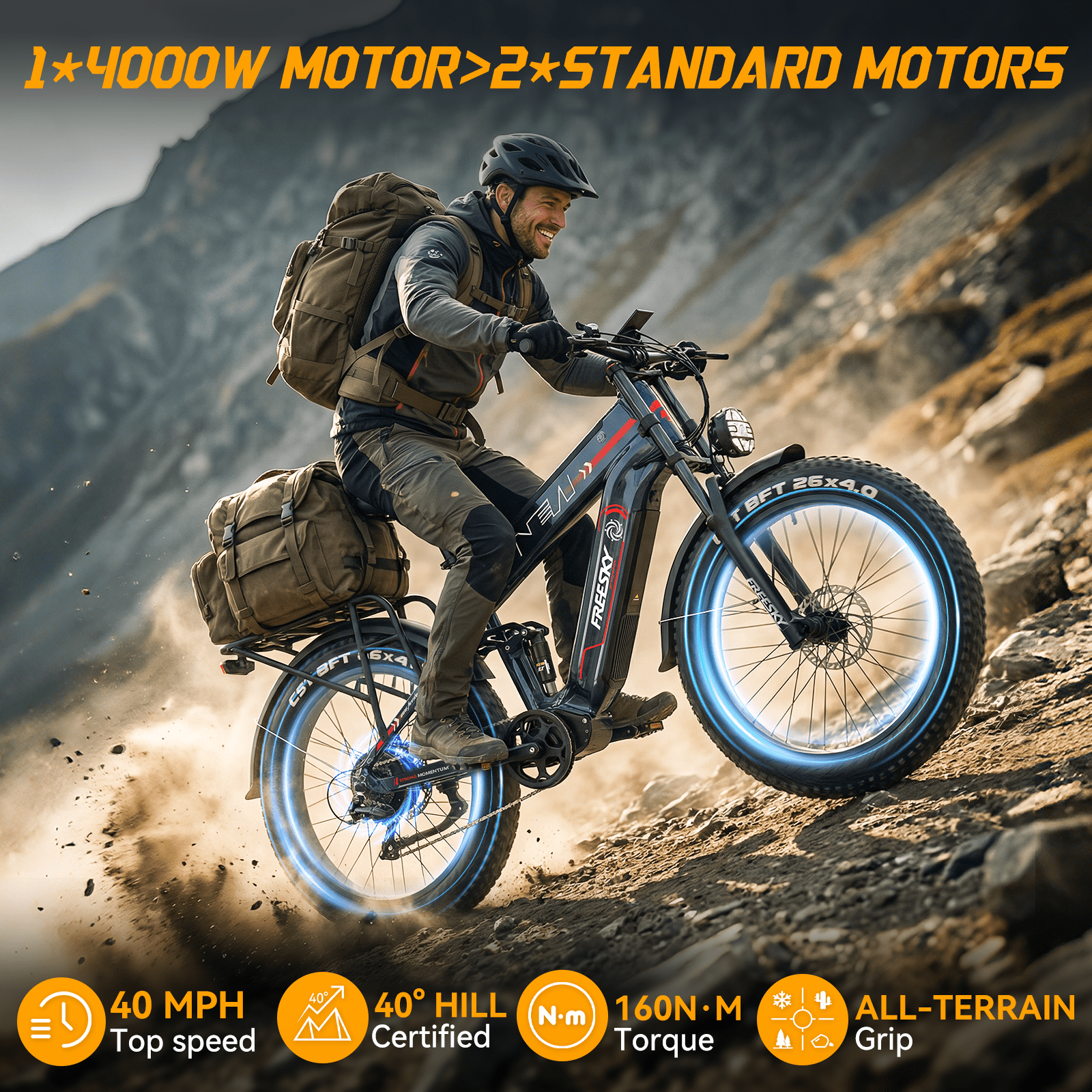 FREESKY Dual Battery Electric Bike for Adults, 48V 45AH 200 Miles Long Range E Bike, 4000W Motor 40MPH+, 26" Fat Tire Fast Mountain EBike, Full Suspension & Hydraulic Brakes, UL 2849 Certified by TÜV