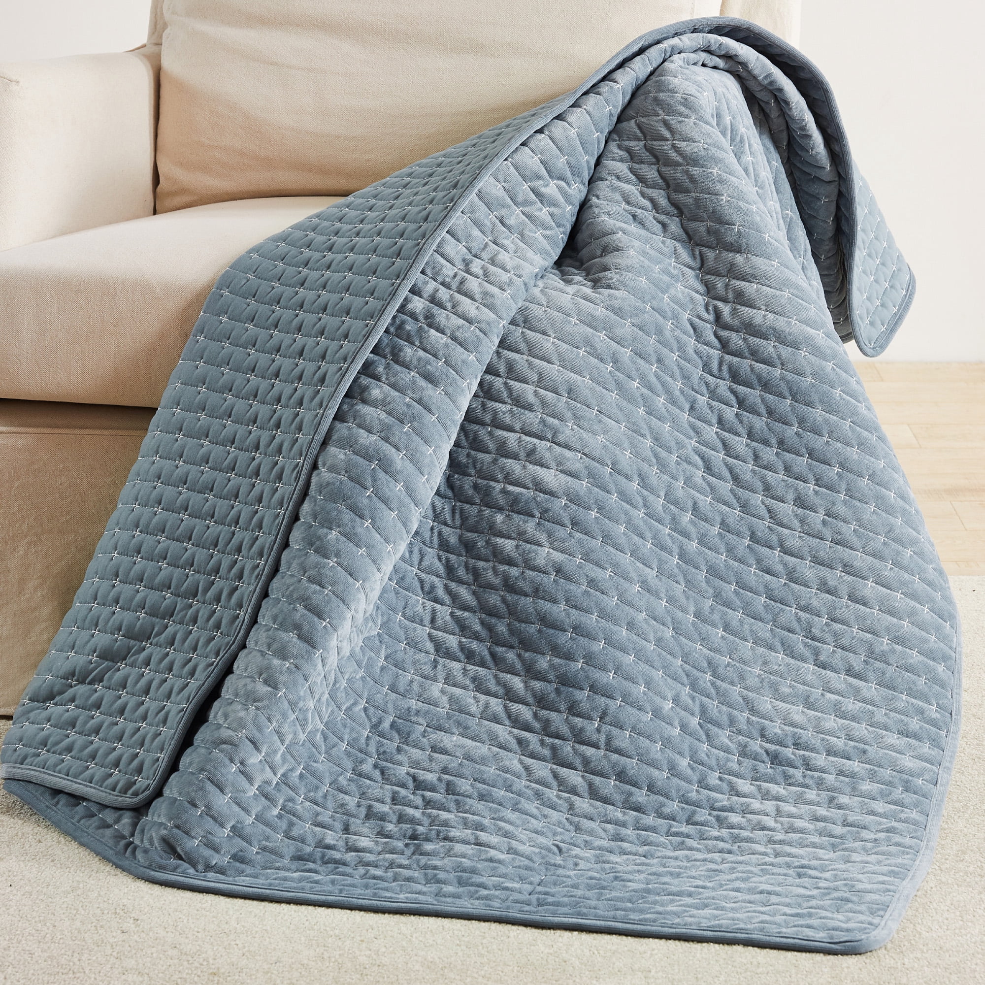 Levtex Home - Velvet Stitch - Throw - Cross Stitch Velvet - Chambray with White - Quilt (50x60in.) and Sham 50x60in. - Polyester