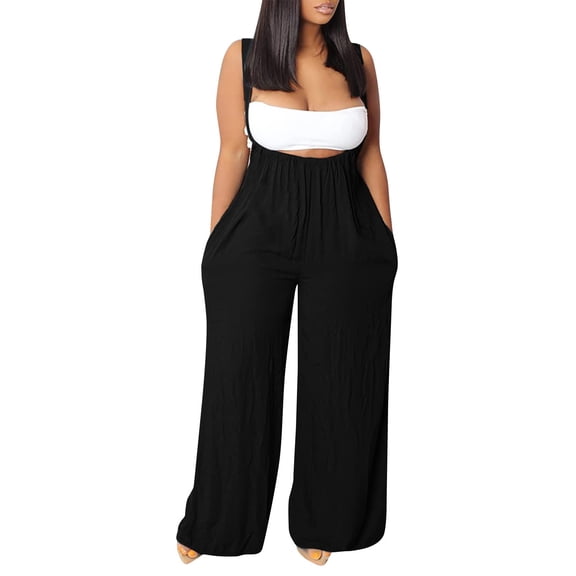 Dyegold Jumpsuits for Women Casual, Womens Jumpsuits Casual Spaghetti Strap Solid Color Baggy Stretchy Playsuit Pants Summer Sleeveless ​Round Neck Rompers Black_Friday
