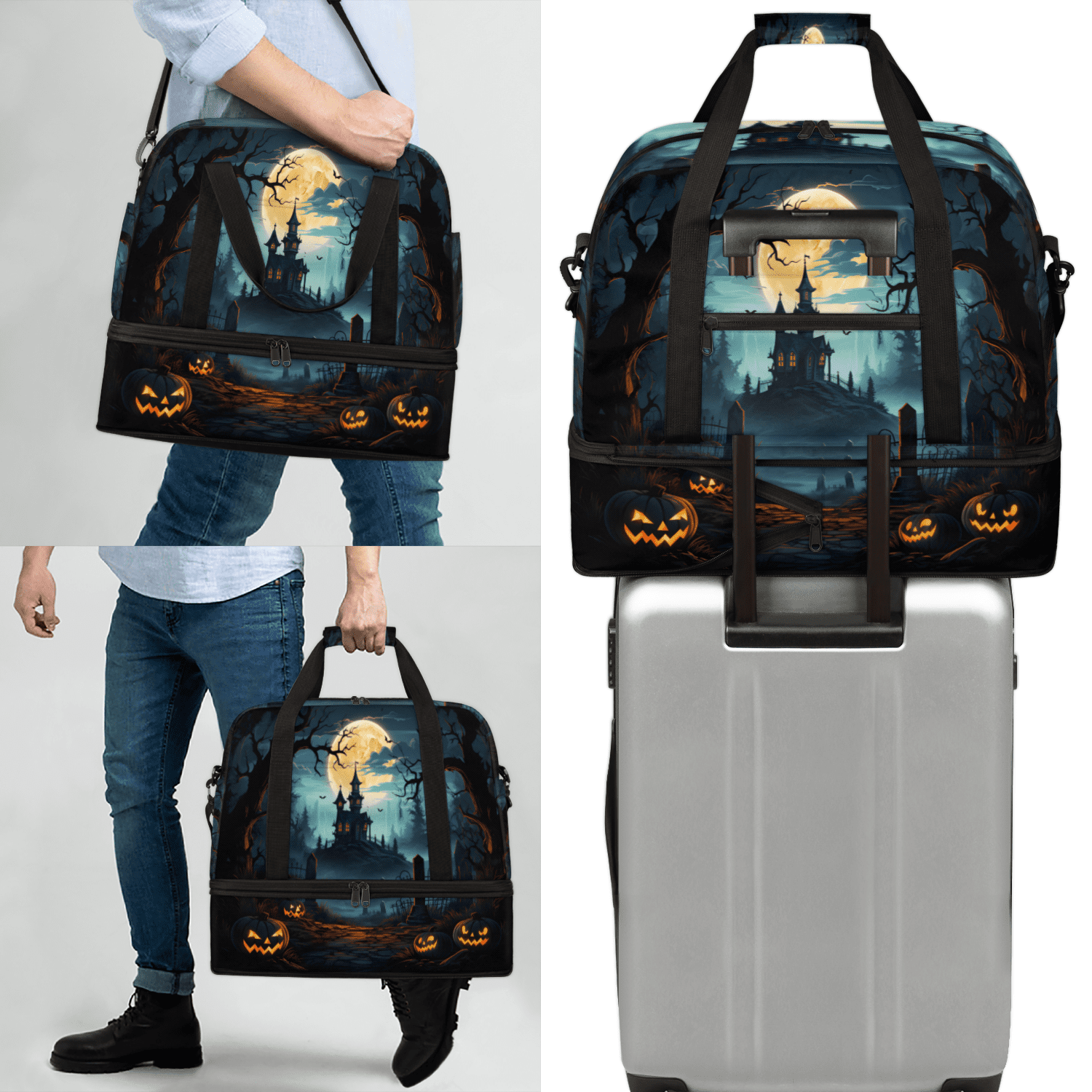 Herdesigns Halloween Foldable Travel Duffle Bag for Women and Men Lightweight Carry On Overnight Bag Halloween Castle Gym Luggage Weekender Bags with Shoe Compartment