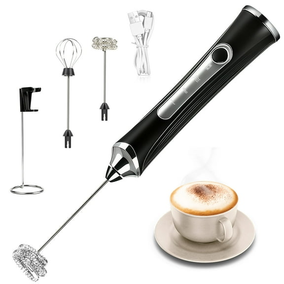 Rechargeable Milk Frother Wand, 3-Speed Handheld Mixer, Easy-Clean Stainless Steel, 2 Heads, for Coffee Lattes & Blending