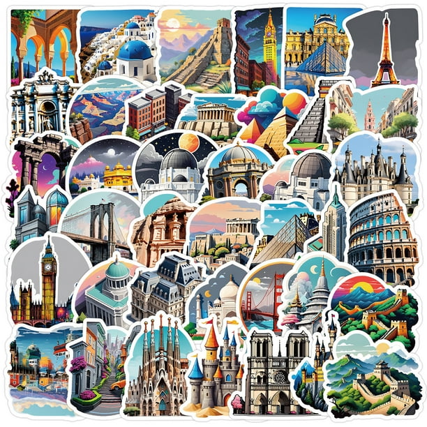 Paquete de pegatinas Famous Landmark, 50 unidades, decoración de arquitectura mundial