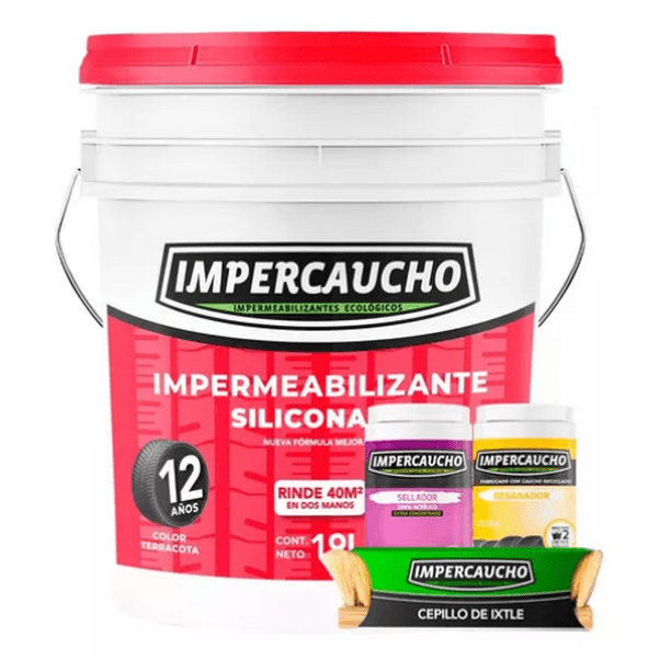 Kit Impermeabilizante Impercaucho Siliconado y Mejorado 40m2 a dos manos 12A Terracota 19L