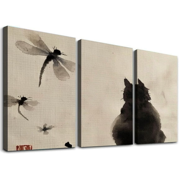 Shadudu Cat Dragonflies Branch Canvas Wall Art Triptych Set for Living Room Bedroom Home Office Decor 12"x16"x3pcs