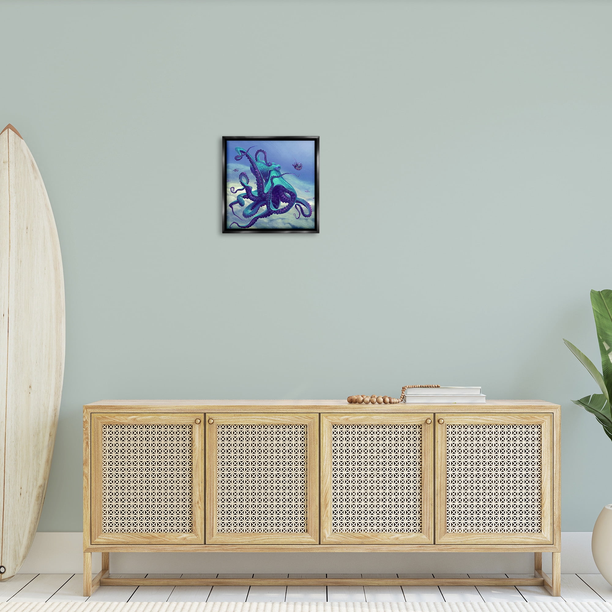 Stupell Industries Vivid Underwater Octopus Animals & Insects Painting Black Floater Framed Canvas Art Print Wall Art, 18 x 18